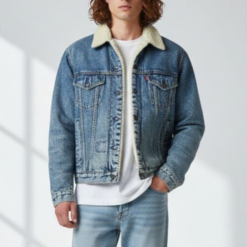 Vintage 80s Levis Sherpa Lined Denim Trucker Jacket Men 40R USA Grunge Patches